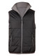 A black and grey insulated vest featuring a zip front and two side pockets, with a logo on the front. A black and grey insulated vest featuring a zip front and two side pockets, with a logo on the front.