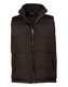 A heavy quilted vest in dark brown with a high collar and two front pockets, featuring a logo on the inner label.