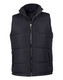 A heavy quilted vest in black with a zip front and side pockets. It features a logo on the inside.