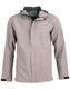 A men's waterproof performance jacket in light grey, featuring a hood and a logo on the chest. A men's waterproof performance jacket in light grey, featuring a hood and a logo on the chest.