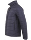 A navy men's sustainable insulated puffer jacket with a 3D cut, featuring a high collar and zip front. A navy men's sustainable insulated puffer jacket with a 3D cut, featuring a high collar and zip front.