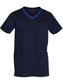 Men's short-sleeve scrub top in navy with contrast colour accents and pockets, featuring a logo.