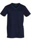 Men's scrub top in navy blue with contrast colour detailing and a pocket at the front. Features a logo.