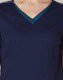 A navy scrub top featuring a contrasting teal V-neck collar and short sleeves. It has a logo on the front.