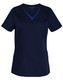 A navy blue scrub top featuring contrast colour detailing and two front pockets. Includes a logo.