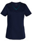 A navy blue ladies' scrub top featuring a V-neck and contrast colour detailing, with two pockets and a logo.