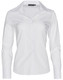 A white long sleeve button-up shirt with a collar, featuring a logo on the label. A white long sleeve button-up shirt with a collar, featuring a logo on the label.