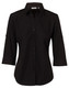 A black women's button-up shirt with 3/4 sleeves and a logo at the collar. A black women's button-up shirt with 3/4 sleeves and a logo at the collar.