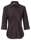 A dark brown women's button-up shirt with 3/4 sleeves, featuring a classic collar and a subtle logo. A dark brown women's button-up shirt with 3/4 sleeves, featuring a classic collar and a subtle logo.