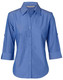 A blue women's button-up shirt with 3/4 sleeves and a collar, featuring a logo on the fabric. A blue women's button-up shirt with 3/4 sleeves and a collar, featuring a logo on the fabric.