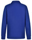 A blue long sleeve polo shirt made of poly/cotton fabric, featuring a collar and a logo.