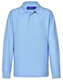 A light blue long sleeve polo shirt made from a poly/cotton blend, featuring a collar and buttons. A light blue long sleeve polo shirt made from a poly/cotton blend, featuring a collar and buttons.