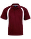 A maroon polo shirt with white side panels and a collar, featuring a logo on the front.