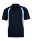 A navy blue polo shirt with light blue side panels and a collar, featuring a logo on the chest.