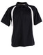 A black polo shirt with white side accents and a collar, featuring buttons and short sleeves.