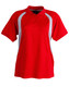 A red polo shirt with white accents and a collar, featuring short sleeves and a logo.