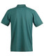 A green men's polo shirt featuring short sleeves and a collar, with a branding logo on the back.