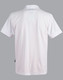 A white men's polo shirt with a collar and short sleeves, featuring a logo on the back.