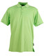 A green men's polo shirt featuring a collar and three buttons, with a logo on the side.