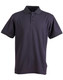 A navy blue men's polo shirt with a collar, short sleeves, and a logo on the side.