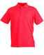 A bright red polo shirt with a collared neckline and short sleeves, featuring a logo on the chest.
