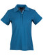 A teal ladies' polo shirt with a collar, short sleeves, and button detailing. It features a branding logo. A teal ladies' polo shirt with a collar, short sleeves, and button detailing. It features a branding logo.