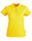 A women's polo shirt in bright yellow, featuring a collar and a logo on the side. A women's polo shirt in bright yellow, featuring a collar and a logo on the side.