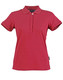 A red ladies' polo shirt with a collar, short sleeves, and a logo on the side. A red ladies' polo shirt with a collar, short sleeves, and a logo on the side.