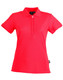 A red ladies' polo shirt with a collar and short sleeves, featuring a branding logo. A red ladies' polo shirt with a collar and short sleeves, featuring a branding logo.
