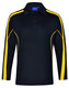A black long sleeve polo shirt with yellow side stripes and a collar. Contains a branded logo. A black long sleeve polo shirt with yellow side stripes and a collar. Contains a branded logo.