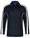 A black long sleeve polo shirt with white side stripes and a collar, featuring a logo. A black long sleeve polo shirt with white side stripes and a collar, featuring a logo.