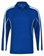 A blue long sleeve polo shirt featuring white side stripes and a logo on the chest. A blue long sleeve polo shirt featuring white side stripes and a logo on the chest.