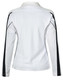 A long sleeve polo shirt in white with black detailing and a mesh back, featuring a logo.