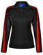 A black long sleeve polo shirt with red accents and mesh detailing, featuring a logo on the front.