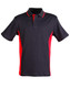 A black and red polo shirt featuring a collar, short sleeves, and a logo.