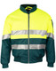 A high-visibility two-tone flying jacket in yellow and dark green, featuring reflective 3M tapes and a zippered front.