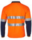 A long-sleeve safety polo shirt in bright orange and navy, featuring reflective tape across the back. A long-sleeve safety polo shirt in bright orange and navy, featuring reflective tape across the back.