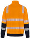 An orange and navy work jumper featuring reflective stripes and a collar, designed for safety. An orange and navy work jumper featuring reflective stripes and a collar, designed for safety.