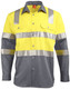 A two-tone safety shirt featuring bright yellow and grey colours with reflective tape and a collar. It has two front pockets. A two-tone safety shirt featuring bright yellow and grey colours with reflective tape and a collar. It has two front pockets.