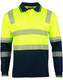 A long-sleeved safety polo in fluorescent yellow with grey reflective stripes and navy blue sleeves. Features a chest pocket and logo. A long-sleeved safety polo in fluorescent yellow with grey reflective stripes and navy blue sleeves. Features a chest pocket and logo.