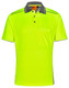 A bright yellow Hi-Vis polo shirt with grey accents and a chest pocket, featuring a logo.