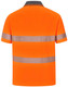 A bright orange unisex short-sleeve polo shirt featuring reflective segmented stripes and a grey collar.