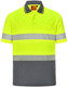 A unisex cooldry segmented safety polo shirt in bright yellow with grey stripes and a pocket. It features a logo.