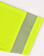 A bright yellow polo shirt featuring grey segmented stripes along the sleeve. It includes a logo.