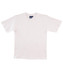 A plain white kids' T-shirt featuring a round neck and short sleeves, with a logo on the inner label.