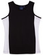A black and white ladies singlet with a contrast design and a branding label inside. A black and white ladies singlet with a contrast design and a branding label inside.