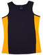 A black and yellow ladies singlet with a fitted design and a logo on the label. A black and yellow ladies singlet with a fitted design and a logo on the label.