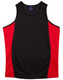 A black singlet with red contrast panels, featuring a logo on the neckline. Made from lightweight material.