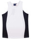 A white and black singlet featuring contrast mesh panels and a logo on the neckline. A white and black singlet featuring contrast mesh panels and a logo on the neckline.