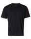 A black short sleeve t-shirt for kids, featuring a simple design and a logo on the label. A black short sleeve t-shirt for kids, featuring a simple design and a logo on the label.